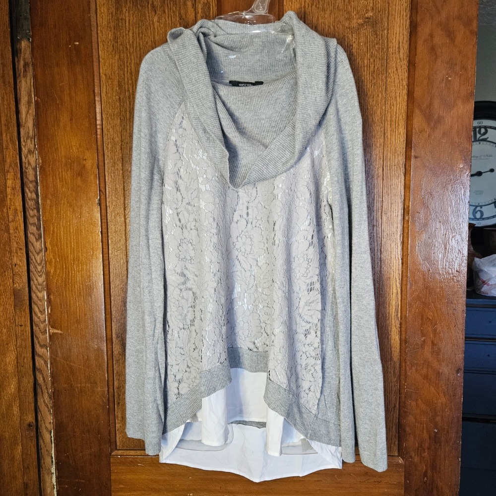 Simply Vera Vera Wang Sweater Women L Gray Lace Layered Cowl Neck Top Excellent